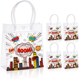 Sweetude 12 Pcs Hero Party Favor Bags with Handles Hero Theme Clear Candy PVC Plastic Bags Boom Theme Goodie Holder for Party Supplies Birthday Treat 5.9x6.3x2.8 Inches
