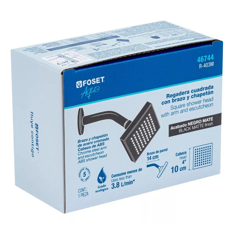 Foset Regadera Cuadrada 4 Abs, Con Brazo, Negro, Aqua Foset