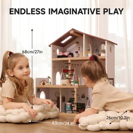Wooden Dollhouse with 53Pcs Furniture Doll House, Modern Family Dollhouse with Realistic Design - Ideal Gift for Kids Ages 36 M+