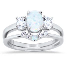 LaRaso & Co His Hers TRIO Wedding Set Sterling Silver Wedding Rings White Opal Bridal Set Him Her 8/10