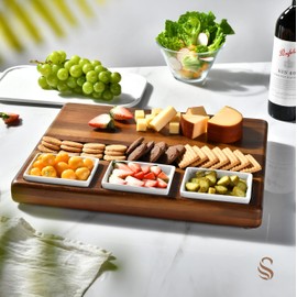 Shanik Large Acacia Wood Charcuterie Board Set with 3 Removable Ceramic Bowls & Serving Utensils - Housewarming, Wedding, Bridal Shower, Home and Kitchen, New Home Gift Ideas for Women, Gifts for Her