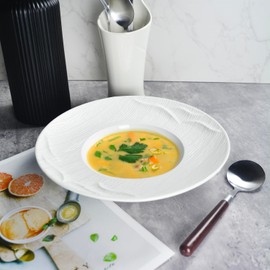 dingdaer Ceramics Rimmed Soup bowls Set of 4, 12 Inch Wave relief Wide Rim Small Mouth Pasta Plates 18.6 OZ/550 ml, Microwave Dishwasher Safe, for high end restaurants and best choice for gourmets