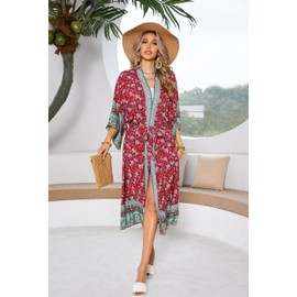 R.Vivimos Cárdigan estilo kimono con estampado floral clásico para mujer, estilo bohemio, para la playa, rojo (DeepRed), M