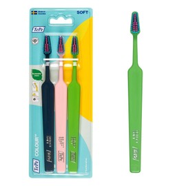 Cepillo de dientes TePe Colour, Suave, envase mixto, 3 ud., cepillo de dientes de cerdas suaves para limpieza precisa y suave, cepillo de dientes suave para adultos y niños mayores