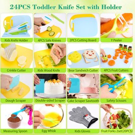 FCSONU 24 Pcs Montessori Kitchen Toys for Toddlers, Kids Kitchen Knife Set with Holder, Kids Cooking Sets Real with Knife Block & Plastic Kid Safe Knives Set & Cutting Board, Boy Girls Birthday Gifts