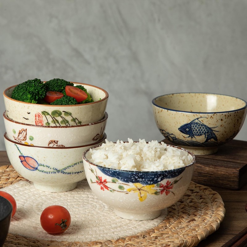 yaenoei 6 Pack Retro Ceramic Bowls, Hand-painted 4.5 Inch Japanese