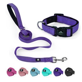 NESTROAD Reflective Dog Collar and Leash Set,Soft Neoprene Pet Collar with Quick Release Buckle,Adjustable Nylon Dog Collars for Small Medium Large Dogs(Small Collar + 5FT Leash,Purple)
