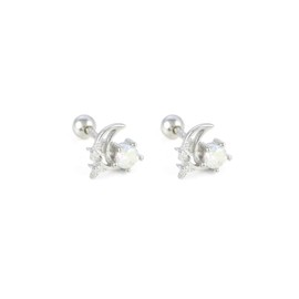 Moon & Star Zirconia Stud Screw Back Earrings For Women Girls Minimalist 925 Fashion Sterling Silver 18k Gold Plated, Platinum Plated Hypoallergenic Jewellery with Gift box (Platinum)