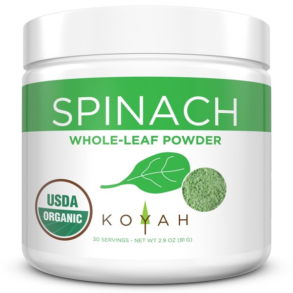 KOYAH - Organic USA Grown Spinach Powder (Equivalent to 30 Cups Fresh): Freeze-dried, Whole-Leaf Powder