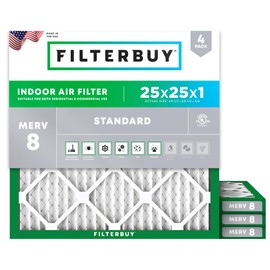 Filterbuy 25x25x1 Air Filter MERV 8 Essential Dust & Allergy Defense (4-Pack), Electrostatic Pleated HVAC AC Furnace Filters Replacement, Made in USA (Actual Size: 24.50 x 24.50 x 0.75)