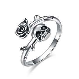 YAFEINI Gothic Skull Ring Open Wrap Rose Flower Skeleton Statement Ring Sterling Silver Retro Vintage Cocktail Party Punk Jewelry for Women Men (Not Adjustable), Metal, No Gemstone