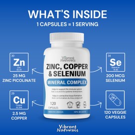 Zinc Picolinate 25mg With Copper 2.5mg and Selenium 200mcg, 120 Capsules - 3 In 1 Mineral Complex, Zinc Copper Supplement, Supports Immune System, 4 Month Supply, Vegan, Gluten Free, Made In Canada