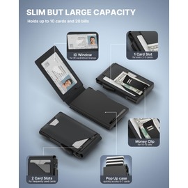 typecase Tactical Wallet for Men Card Holder: Pop Up Card Case, Genuine Leather, Smart, RFID Blocking, Slim, Minimalist, Thin, Front Pocket - 13 Card Capacitiy, ID Window, Money Clip (Dark Black)