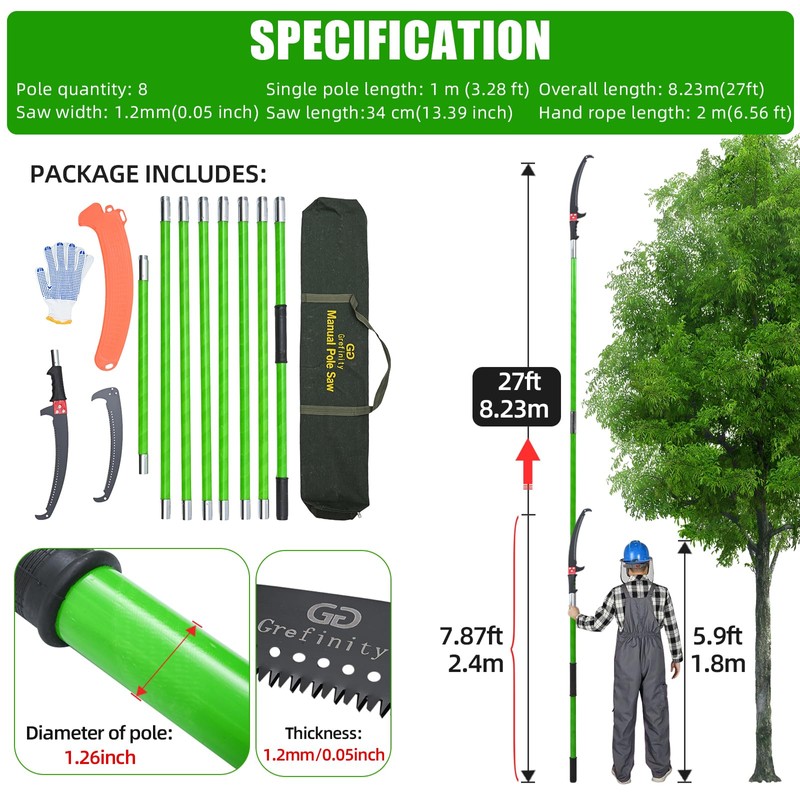 Grefinity Pole Saws for Tree Trimming, 27 FT Manual tree