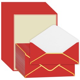 JarThenaAMCS 60Pcs Christmas Stationery Letterhead Paper Set Red Border Letter Writing Paper with Red Gold Envelopes for Xmas Greeting Card Invitation Office Printing, 8.5" x 11"