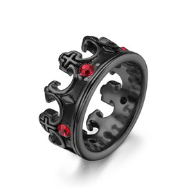 FATACI Mens Royal King Knight Crown Ring,Black Stainless Steel Vintage Cross Wedding Band Ring with Red Cubic Zirconia,Size 8