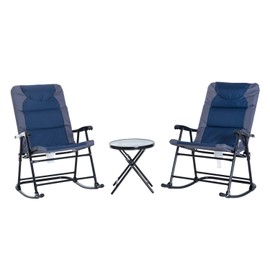 Outsunny 3-Piece Foldable Rocking Chair Outdoor Padded Bistro Set with Glass Table Top, Blue