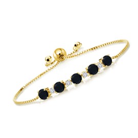 Gem Stone King 18K Yellow Gold Plated Silver Black Onyx and White Lab Grown Diamond Tennis Bracelet For Women (2.64 Cttw, Gemstone Birthstone, Fully Adjustable Up to 9 Inch)