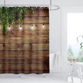 ZXMBF Rustic Wooden Board Shower Curtain Green Leaves on Vintage Wood Country Life Theme Grunge Planks Barn House Door Waterproof Fabric Bathroom Decor 72x72 Inch Plastic Hooks 12PCS Wood Board