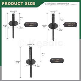 Keadic 75Pcs 3 Sizes 3/16" Black Aluminum Blind Rivets Assortment Kit Includes 1/8" x 9/32", 3/8", 7/16", 1/2" Open End Domed Head Pop Rivets for Joining Metal Plate Pipe