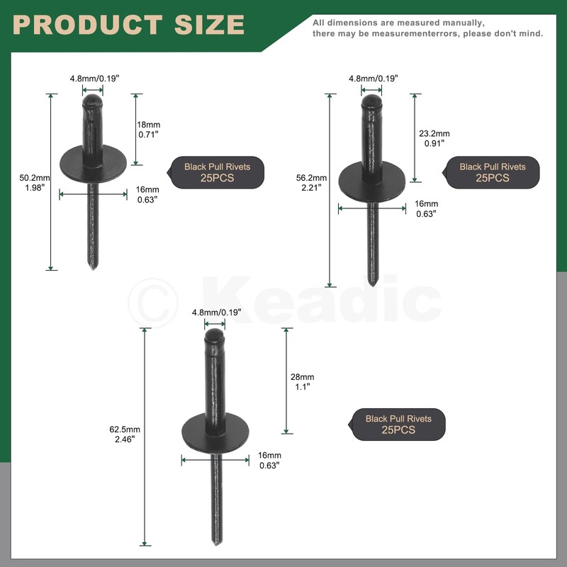 Keadic 75Pcs 3 Sizes 3/16" Black Aluminum Blind Rivets Assortment