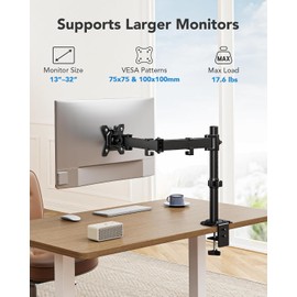HUANUO Single Monitor Mount, Monitor Arm for 13”-32” Monitors up to 17.6 lbs, Adjustable Stand with 16” Max Height, Desk Mount with C-Clamp and Grommet Base, VESA 75x75mm or 100x100mm