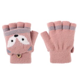 NICEYST Kids Convertible Flip Top Gloves Children Winter Warm Knitted Fingerless Mittens for Boys Girls 6-10 Years Old, Pink, One Size