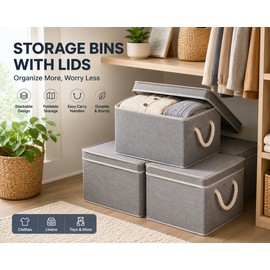 3-Pack Foldable Storage Bins with Lids, Foldable Baskets with Handles, Stackable Storage Containers for Closet Shelves, 3-Pack, Large