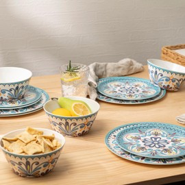 Bzyoo 12-Piece Melamine Dinnerware Set - Madallion | Lightweight, Durable, BPA-Free | Dishwasher Safe Dish Set for Indoor & Outdoor Use - Perfect for Camping, BBQs, Kids Parties