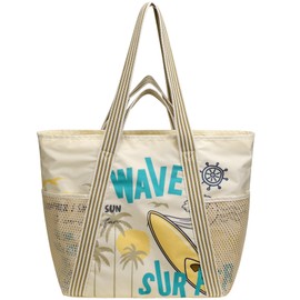 F-color Waterproof Beach Bag - 7 Pockets Large Family Capacity Beach Bag Tote with Sandproof Side Mesh Bag for Women, Carry on Tote Bag for Travel Pool Swim Gym Beach Essentials, Wave