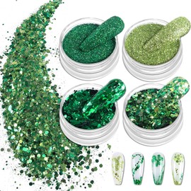 Allstarry Nail Glitter 4 Colors Shamrock Green Holographic Glitter Iridescent Chunky Nail Flakes Hexagon Face Sequins Sparkly Fine Powder for Spring St. Patrick's Day Manicure DIY Gel Polish Crafts