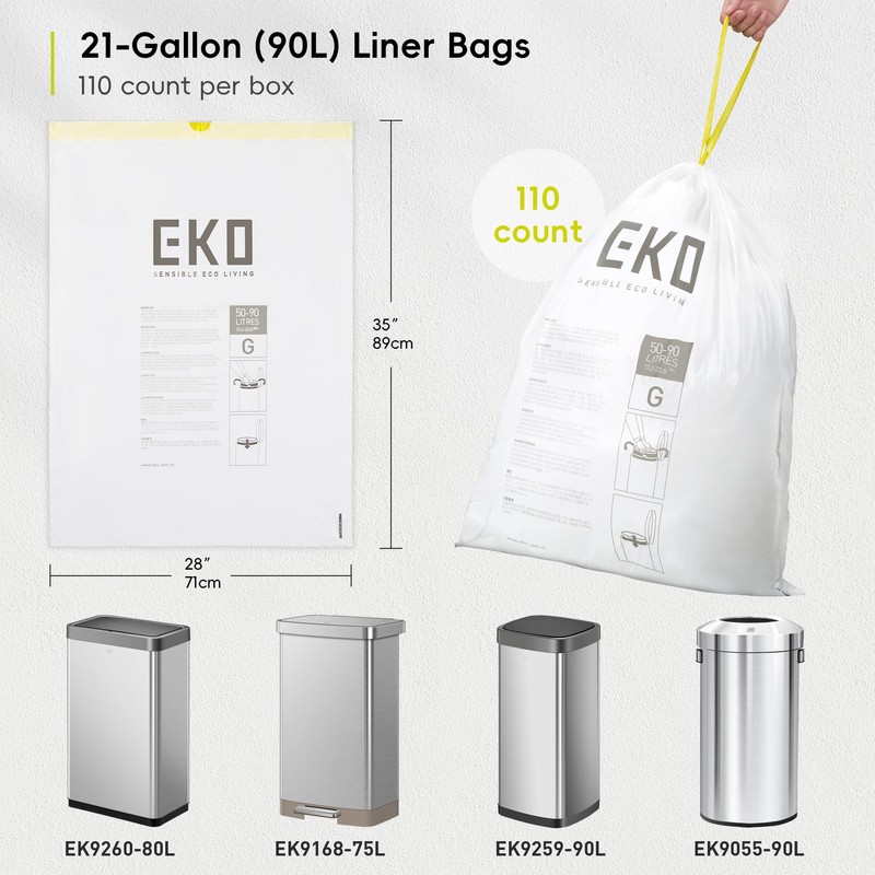 EKO 21 Gallon / 50-90 Liter,110 CountDrawstring Trash Bags, Extra-Strong