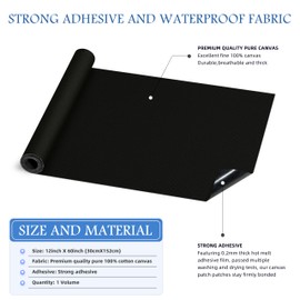 KING MOUNTAIN Canvas Iron on Patch,12"×60",Waterproof 100% Cotton Fabric Repair Patch,Used for Various Sofa,Tent,Clothes,Seats,Suitcases (Black,Waterproof)