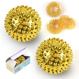2 Pieces Magnetic Acupressure Balls & 3 Pieces Massage Rings for Finger Hedgehog Ball Massage Small 32 mm Diameter Skills Borderline Set for Stress Relief or Massage (Gold)