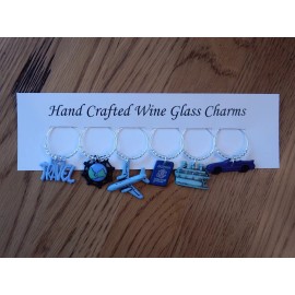 hand cratfed "THE TRAVELER , VACATION SET  OF 6 HAND CRAFTED WINE GLASS CHARMS