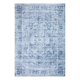 Bloom Rugs Washable Non-Slip 4' x 6' Rug - Ivory/Denim Blue Traditional Medallion Area Rug for Living Room, Bedroom, Dining Room, and Kitchen - Exact Size: 4' x 6'