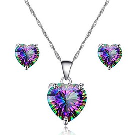 Uloveido Mystic Topaz Rainbow Heart Solitaire Pendant Necklace and Studs Earrings Cubic Zirconia Wedding Bridal Bridesmaid Jewelry Set Y1131-UK(Rainbow-Platinum)