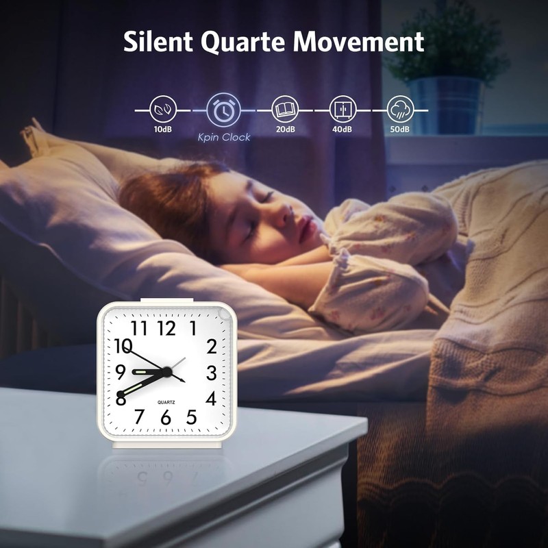 Analog Alarm Clocks, Non Ticking Table Clock with Luminous Hand
