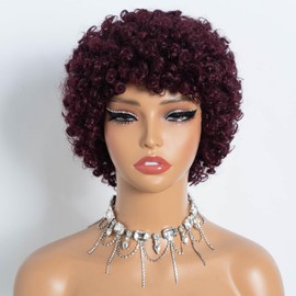 Style Icon Short Afro Curly Hair Wig for Black Women Human Hair Pixie Cut Afro Curl Wig Full and Fluffy Natural Looking Glueless Wear to Go Red Color (Color:99J)