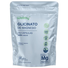 Wellthy Glicinato de Magnesio 120 Cápsulas. 432mg, 100% Natural, Alta Absorción, Cápsulas Veganas, Bottle Free.