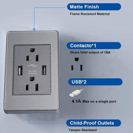 Megaluz Enchufe USB de Pared -4PZ，Contacto Dúplex con 2 Puertos Carga USB, 15A Receptáculon y 2.1A USB（85-265V）