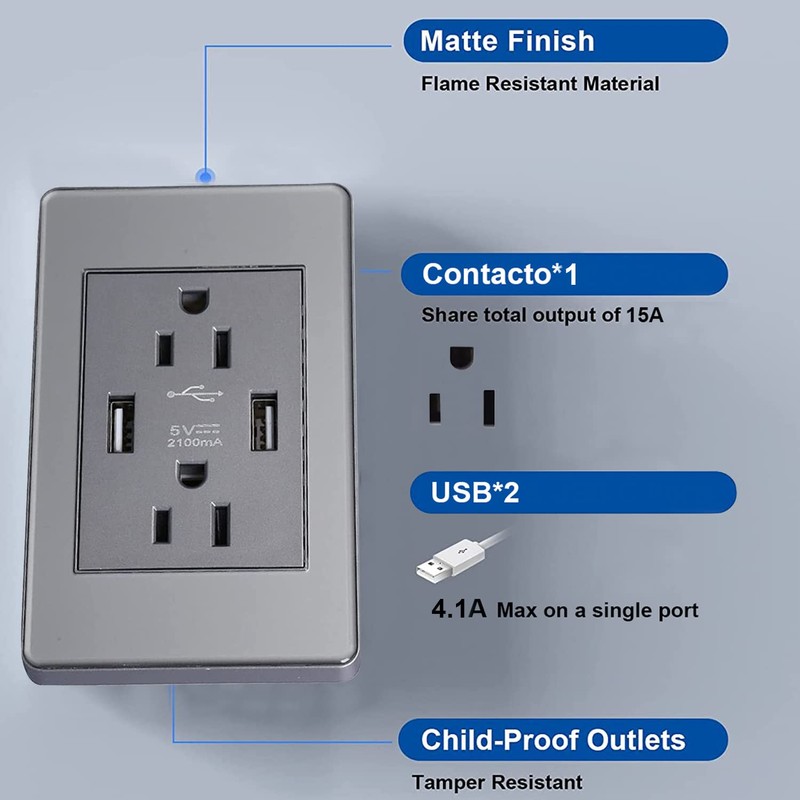 Megaluz Enchufe USB de Pared -4PZ，Contacto Dúplex con 2 Puertos
