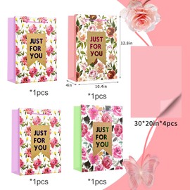 Colodeol 4 Pcs 12.8" Mother's Day Gift Bags with Tissue Paper，Medium Large Mothers Day Bag with Handles Floral Mothers Paper Treat Candy bags Bulk for Mom Grandma Wife Women