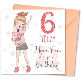 Birthday Card for Girl Age 6. Girl Birthday Card with Matching Envelope. Singing Girl design. Card size 148x148mm. Eco-friendly. Message inside. Printed and Packed in UK.