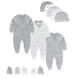 MAMIMAKA Newborn Baby Clothes Sleepsuit Set 2-Way Zip Cotton Footed Pajamas, Caps and Scratch Mittens 0-6 Months