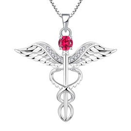 YL Caduceus Necklace Sterling Silver Angel Wings Snake Pendant Created Ruby Doctor Nurse Themed Jewelry for Women