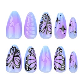 MISUD Press on Nails Medium Almond Fake Nails Glossy Glue on Nails Purple Ombre Acrylic Nails Stiletto Artificial Nails Butterfly Stick on False Nails with 3D Texture Design 24 pcs