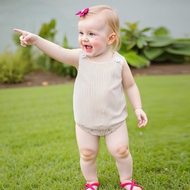 Kuriozud Unisex Newborn Baby Boy Girl Summer Clothes Sleeveless Bubble Romper Jumpsuit Overall Shorts Infant Clothing (Striped Beige, 3-6 Months)