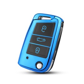 QBUC Car Key Case for VW, Key Case Cover for VW Golf 7 Polo Skoda TPU Key Box 3 Buttons Car Scratch-Resistant Key Cover (Blue)