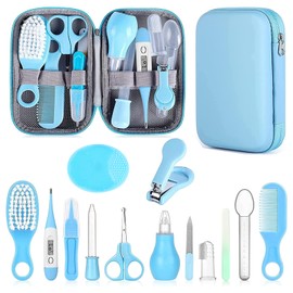 Baby Grooming Kit, Infant Safety Care Set with Hair Brush Comb Nail Clipper Nasal Aspirator,Baby Essentials Kit for Newborn Girls Boys (Grey White)